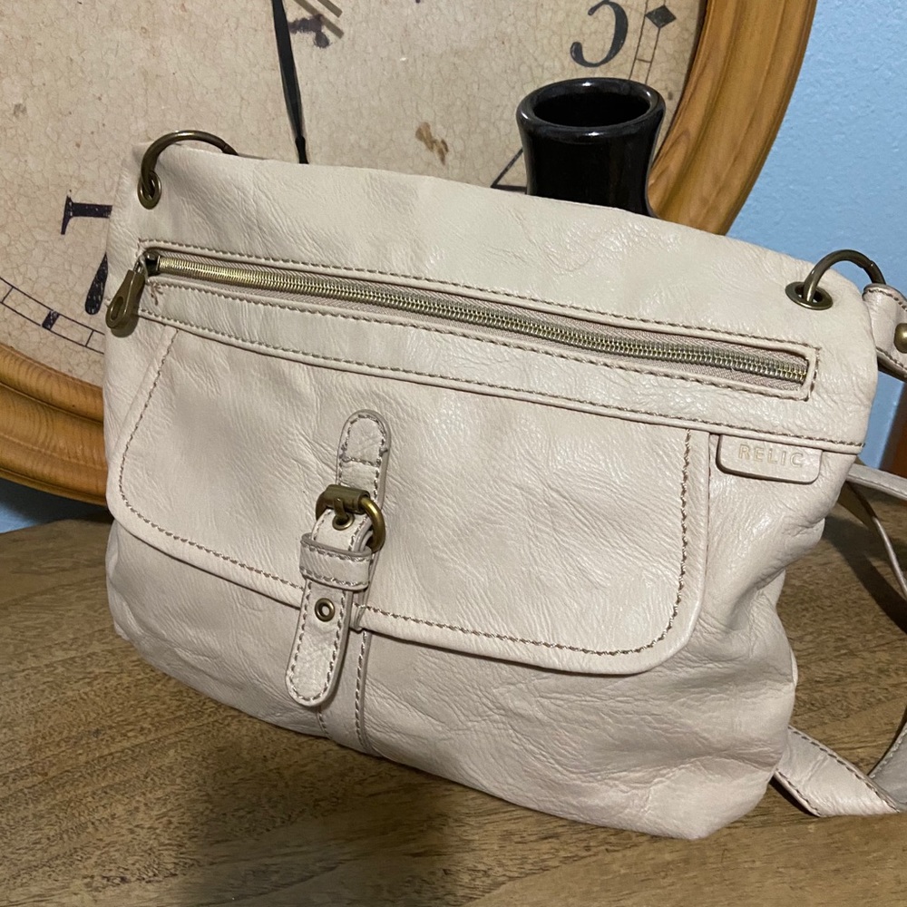 Beige leather messenger bag. Pre owned.